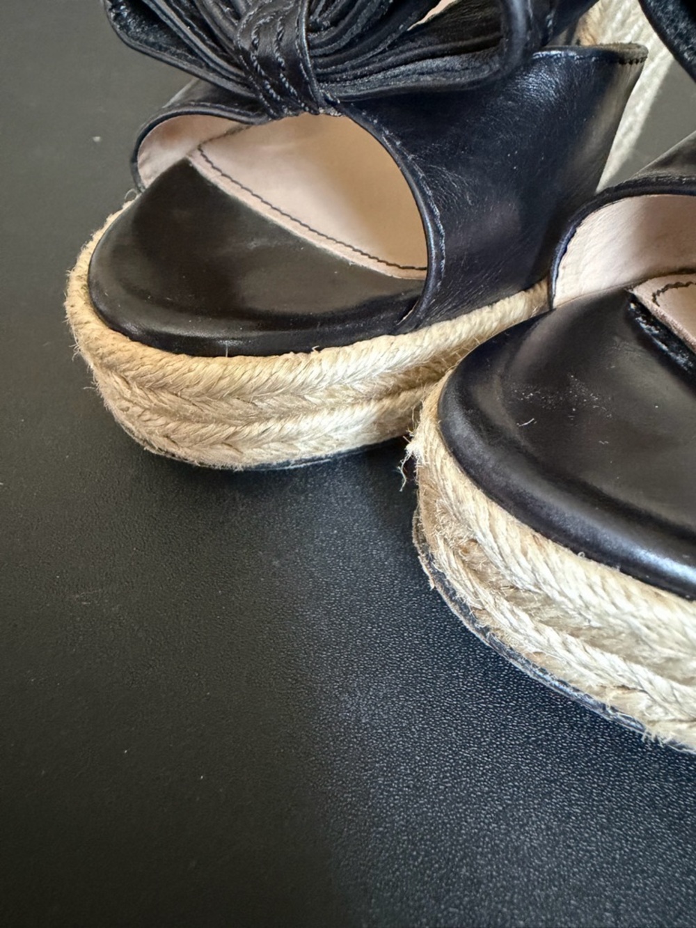 Valentino Garavani Black Leather Bow Espadrille Wedge Sandals Ankle Strap Sz 35 - Picture 7 of 12